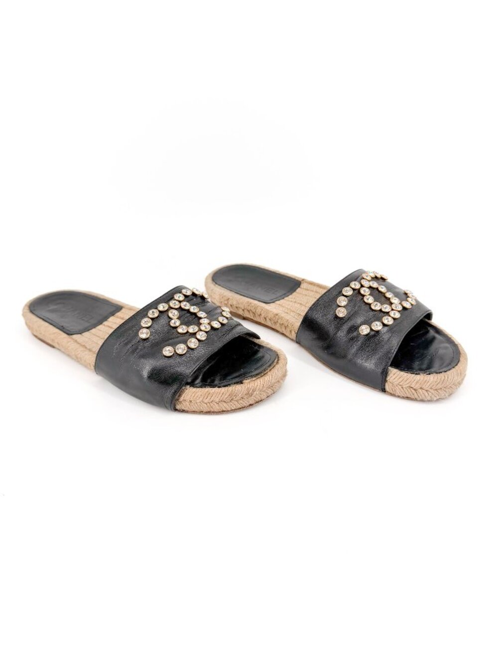 Chanel CC Crystal Espadrille Slide Sandals Black Leather Size 38 US 7-7.5 Women